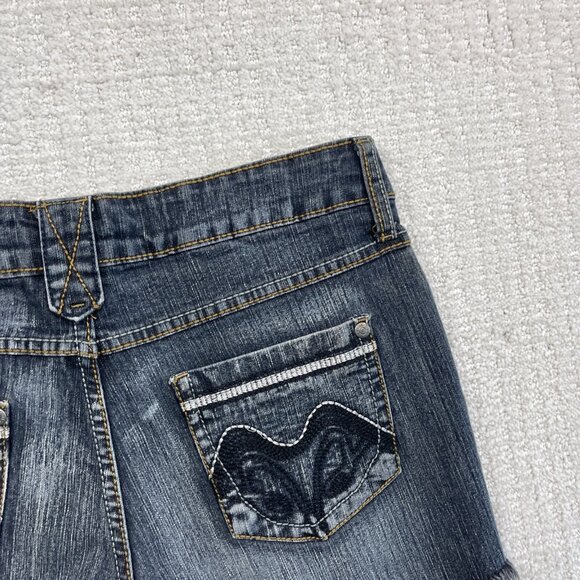 Y2K Suko Jeans Women Sz 7 Jean Shorts Denim Dark Blue Silver Distressed Cutoff - Picture 11 of 13